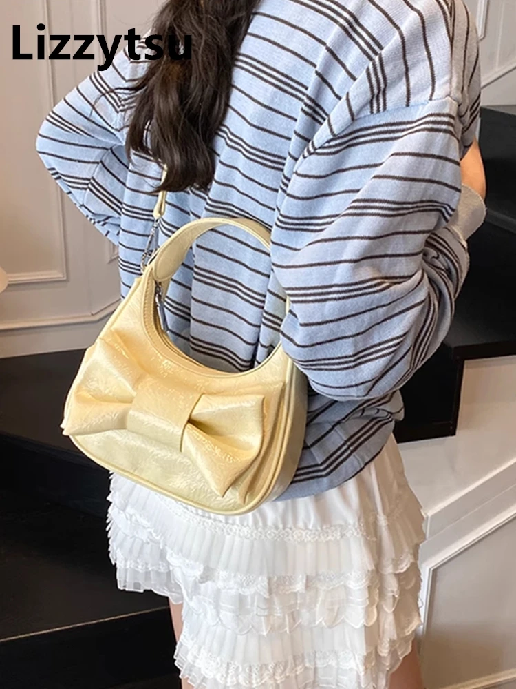 

Lizzytsu Big Bow Tie PU Shoulder Bag Vintage Casual Luxury Bag Easymatch Streetwear Hobos Fashion Crossbody Bag