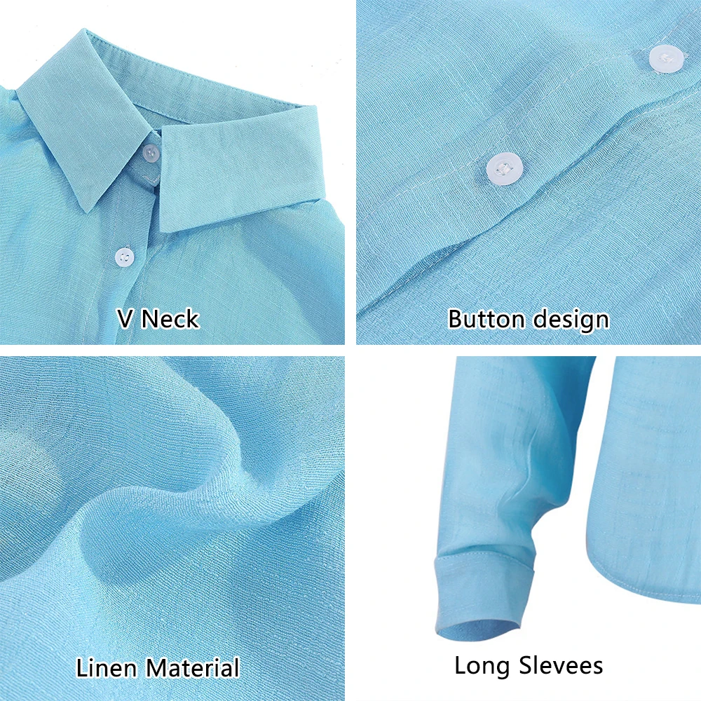 Womens Linen Blouses,Summer V Neck Roll up Sleeve Button Shirts,Trendy Casual Shirt of Women