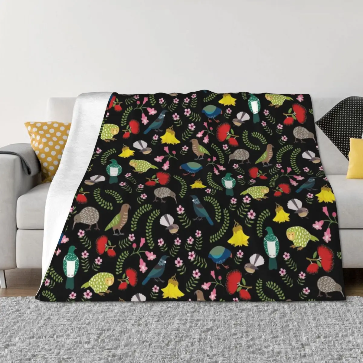 

New Zealand Birds and Flowers BLACK Throw Blanket Luxury sofa bed decorative Loose Blankets