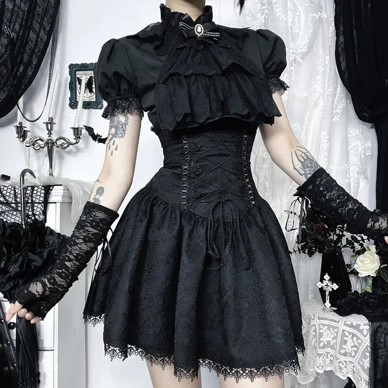 

Gothic k Sle Lace Waist Cinched Skirt CF257 New 2025 Lolita Lace Tie Bridesmaid Skirts Polyester Bat pe