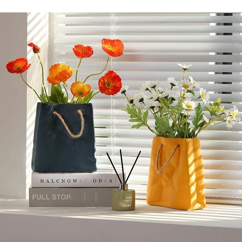 Ceramic Tote Bag Vase Morandi Color Flower Arrangement Container Office Bedroom Porcelain Home Decoration