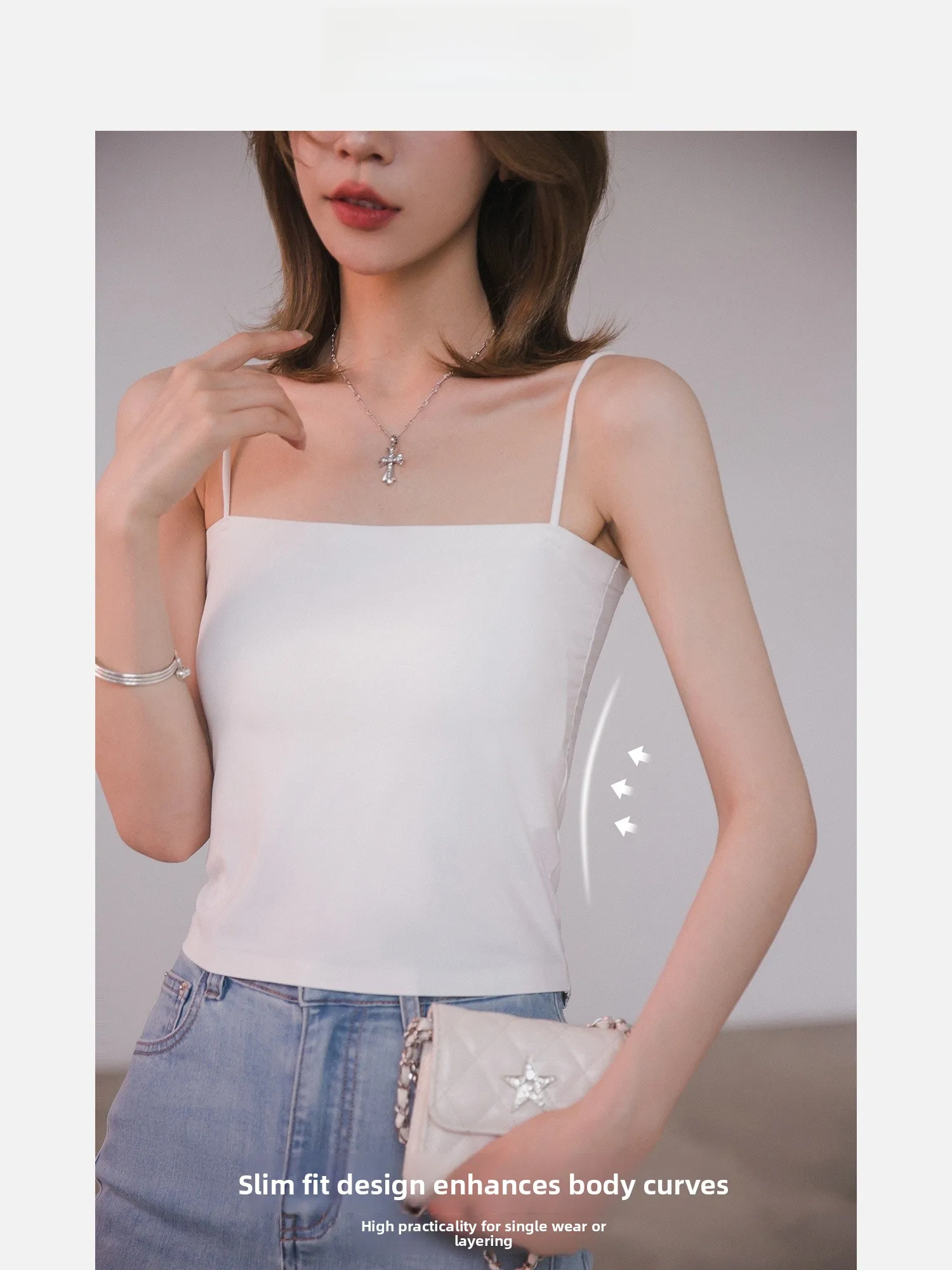 เสื้อชั้นในแบบสตรัปถักทรงสลิมฟิตสไตล์การ์ตูนเกาหลี พร้อมแผ่นรองหน้าอก สายรัดบาง ยืดหยุ่นสูง เสื้อกล้ามสำหรับผู้หญิง ใส่สบายในฤดูร้อน