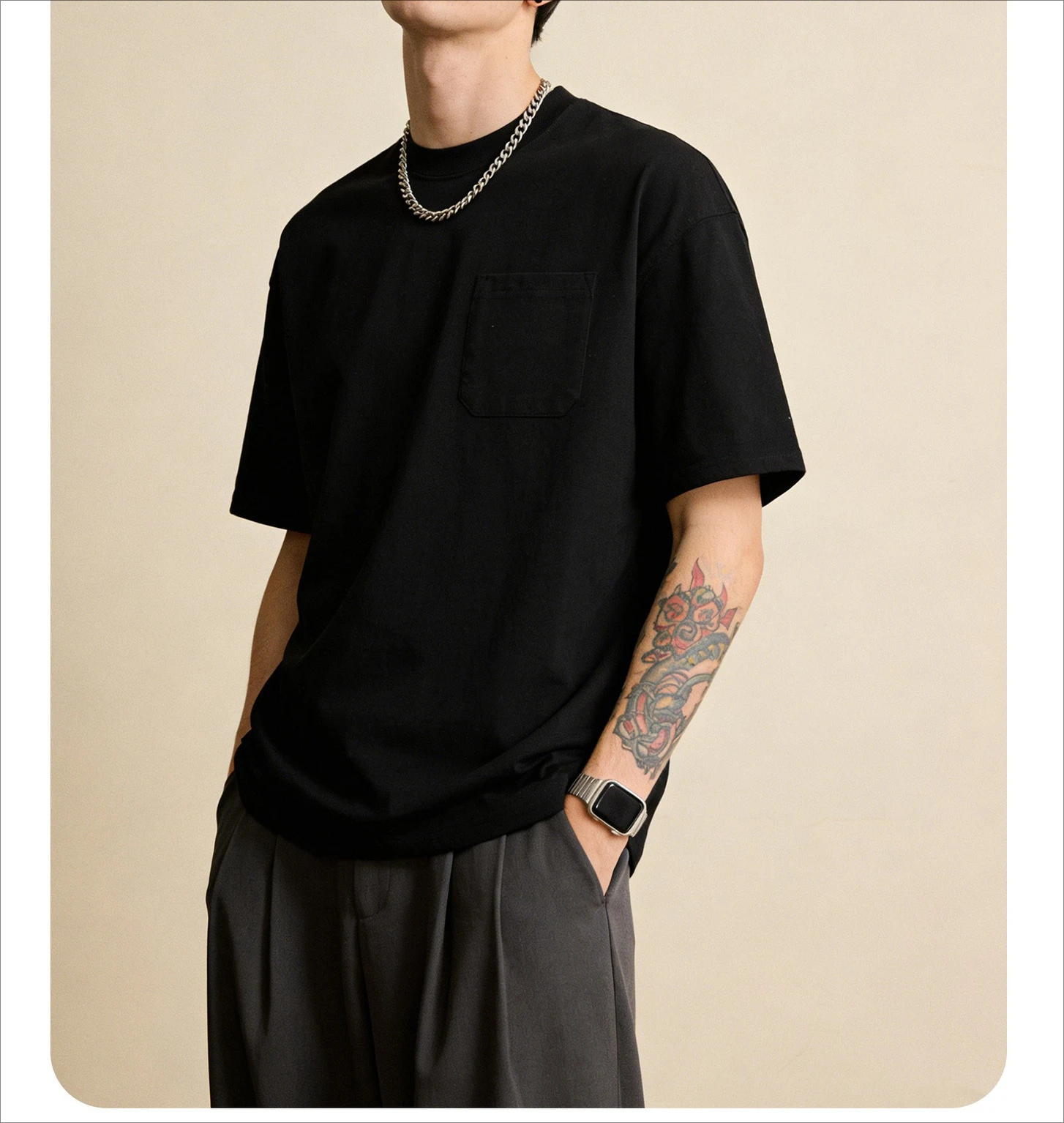 2026 Summer New Solid Color 280g Heavy Cotton T-shirt Small Neckline Shoulder Short-sleeved T-shirt Bottoming Shirt