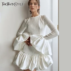 TWOTWINSTYLE Solid Chic Knitted Dresses For Women Round Neck Puff Sleeve High Waist Patchwork Ruffles Mini Dress Female Style