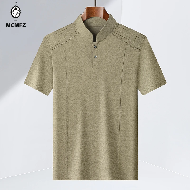 High Elastic Mens Vented Shoulder Henley Short Sleeve Shirt Thin Mandarin Split Two Button Collar Multi Scene Business Garment