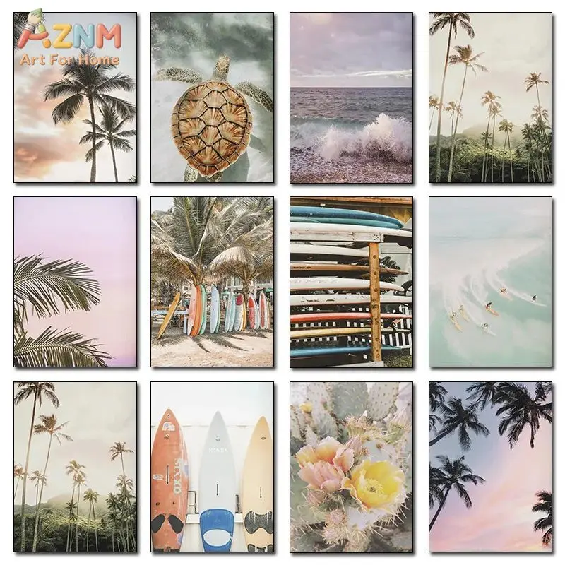 AZNM Vintage Tropical Beach Canvas Wall Art Palm Tree Sea Turtle Surfboard Ocean Wave Cactus Flower Pastel Coastal Unframed Prin