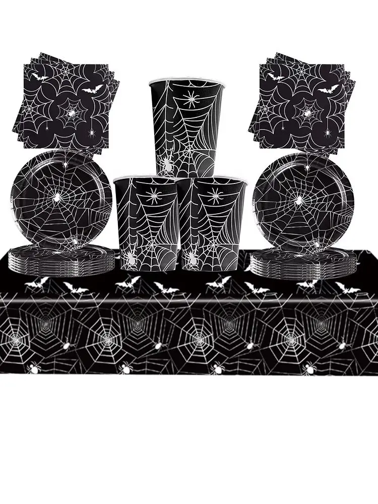 Halloween-Spinnennetz Einweggeschirr-Set, schwarze Teller mit Spinnennetz-Print, Servietten, Becher, Tischdecke, Halloween-Party-Dekoration – Detail 1