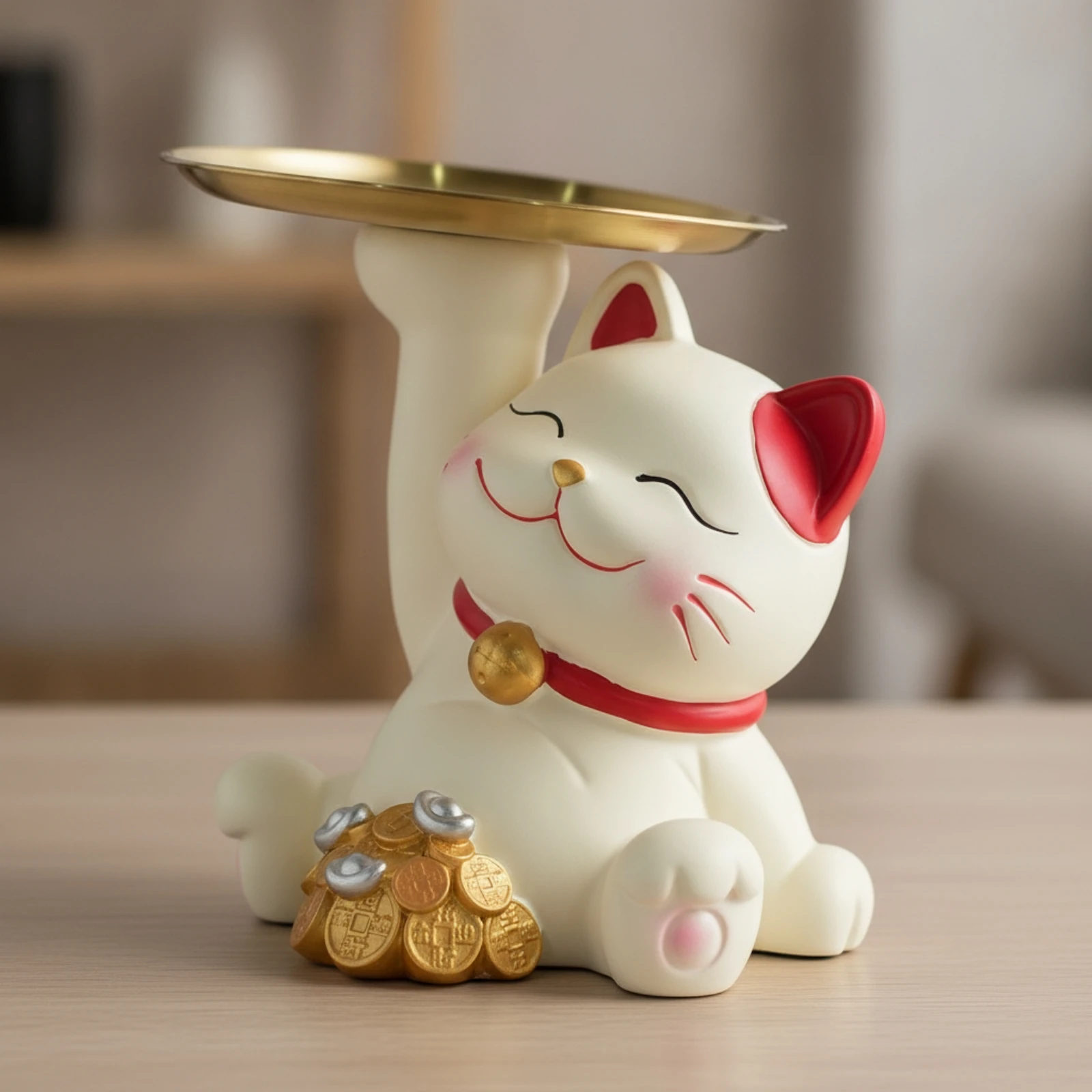 Maneki Neko Candy Dish Adorable Cat Figurine with Tray Auspicious Cat Figurine Compact Candy Dish Meaningful for Reception Desk