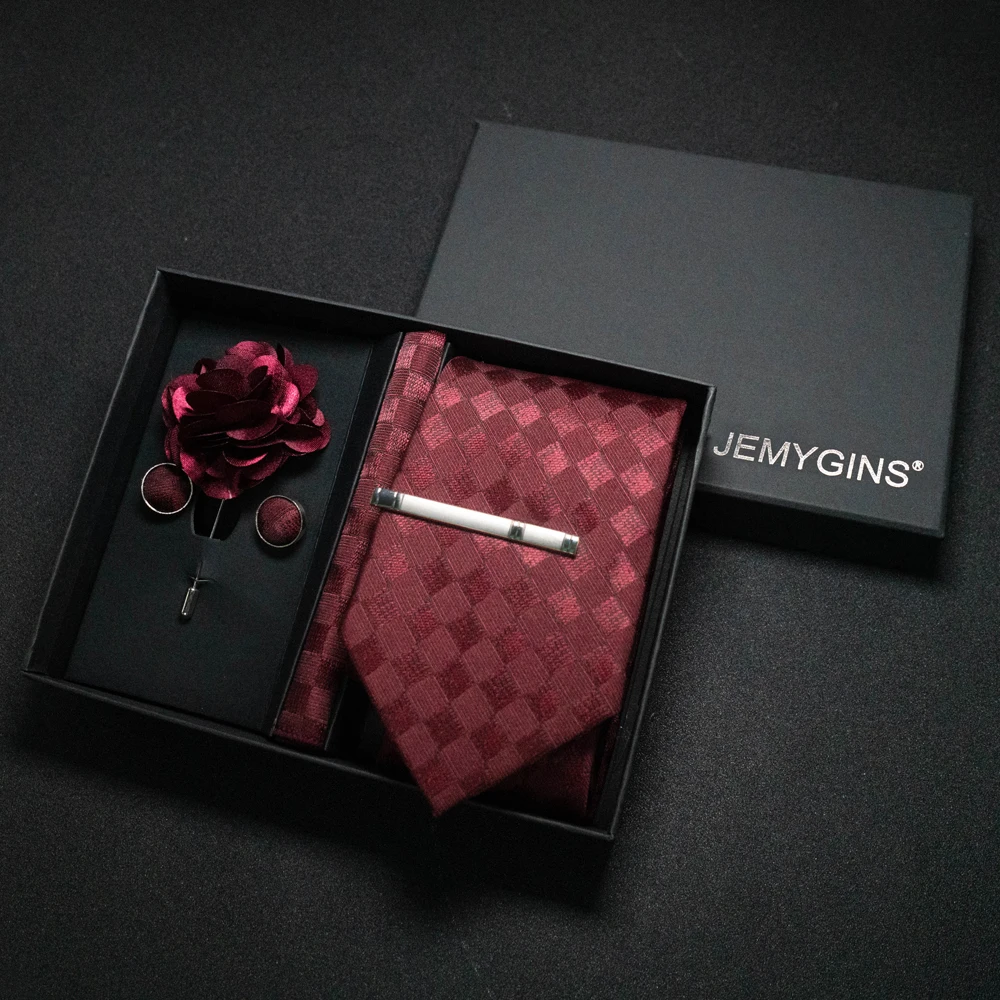 Weinrote Herrenkrawatte, Paisley-Seidenkrawatte, Einstecktuch, Manschettenknöpfe, luxuriöses Geschenkbox-Set, Hochzeitskrawatte, Accessoires, Krawatte für Herren – Detail 27