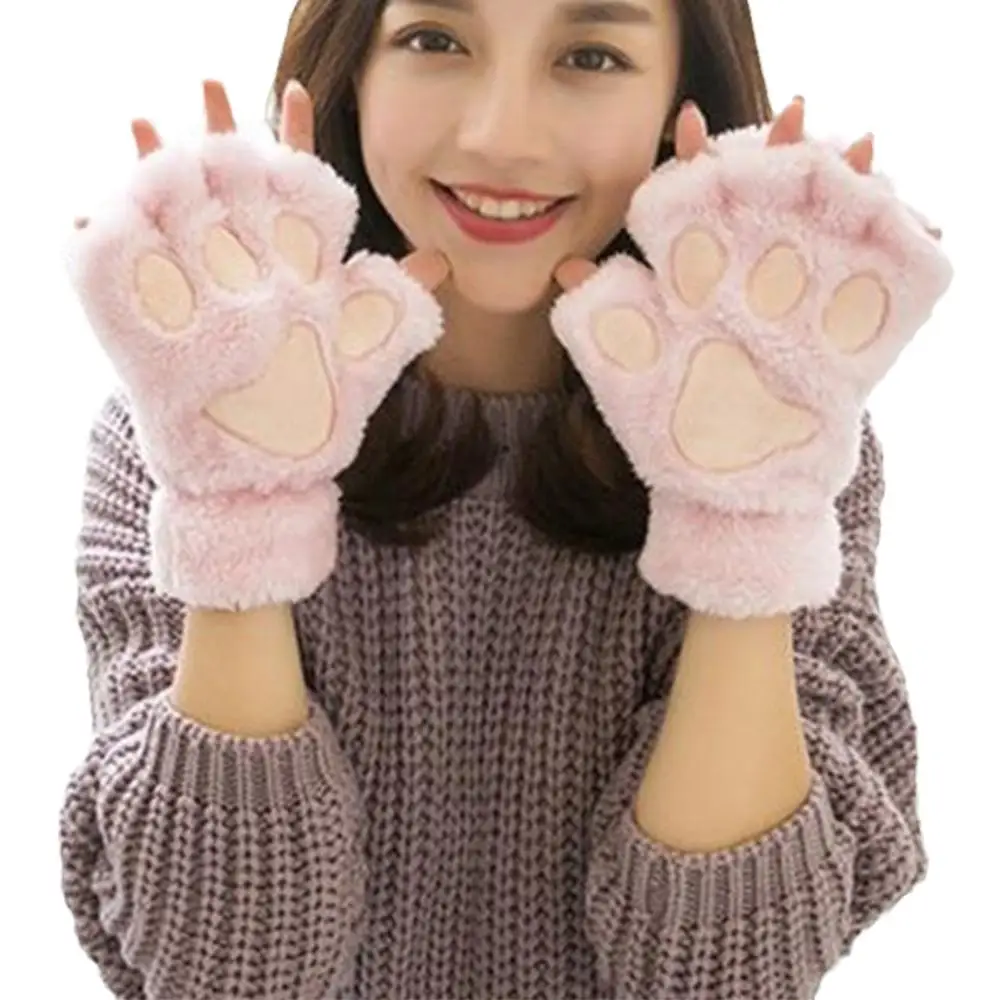 Cartoon Cat Paw Gloves Lovely Plush Half Finger Gloves Short Cute Pure Warm Color Winter Animal Mittens Soft Fluffy X4L9