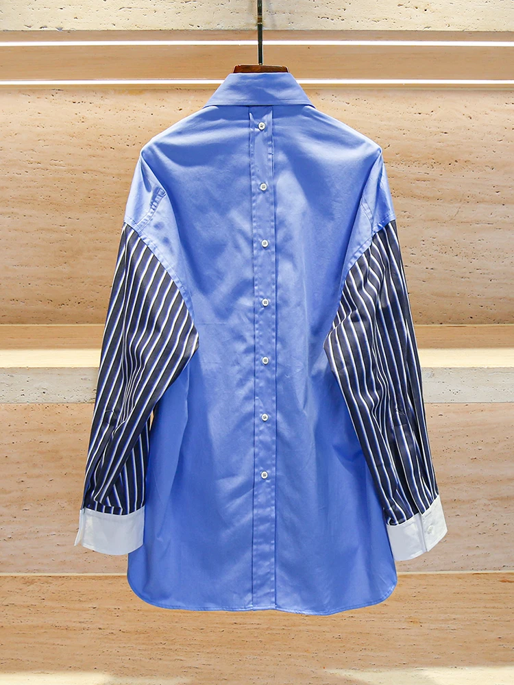 

SIVOS High-End European Sle Women's irt Autumn Irregular Stripes Top Vintage Straight Cut Long Sve Collar