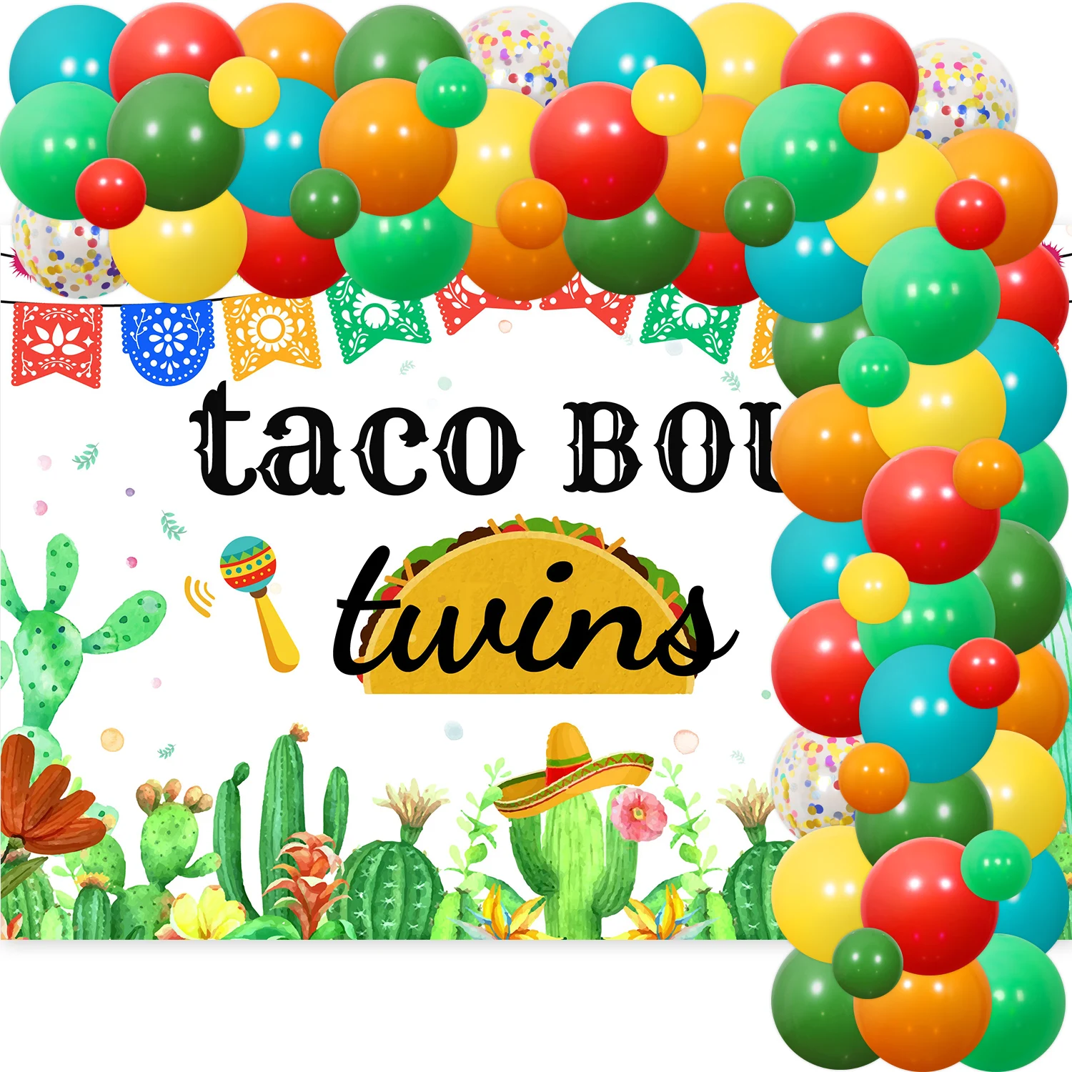 

Taco Bout Twins Decor Mexican Fiesta Twins Baby Shower Balloon Garland Kit with Taco Cactus Foil Balloons Party Supplies