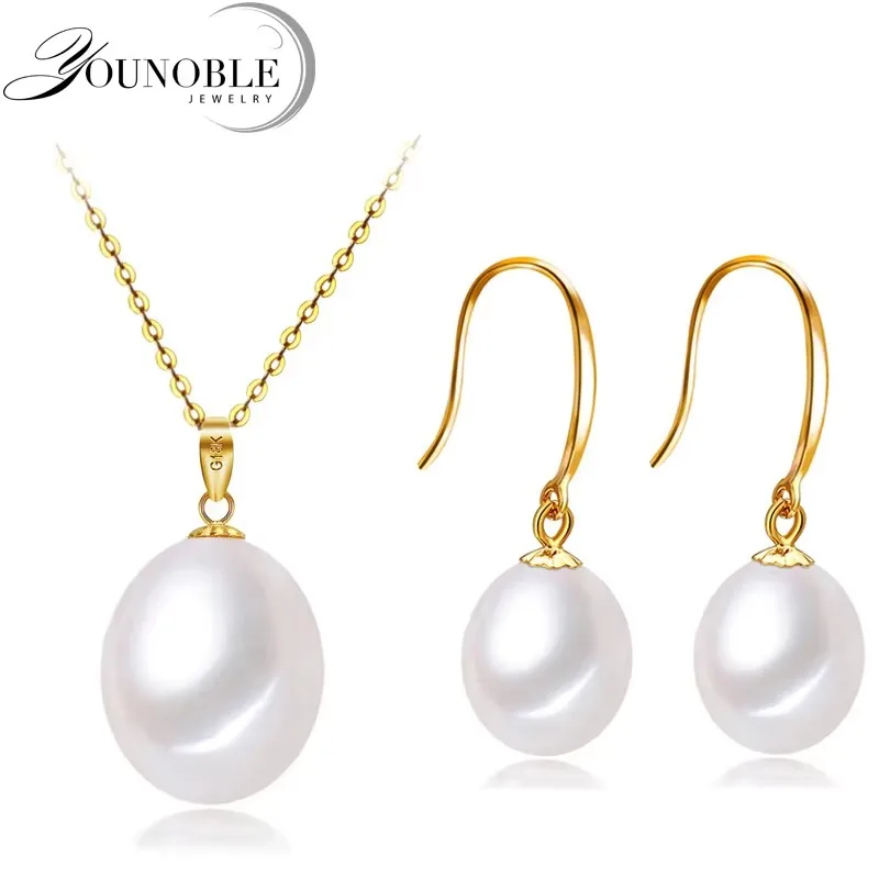 

Real Natural Freshwater Set With Pearl Earrings And Necklace Woman,18k Gold Pendant and Earring 925 Silver Chain Wife Mother Gif
