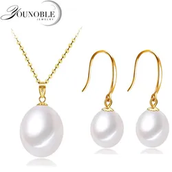 Real Natural Freshwater Pearl Necklace and Earring Set Woman,18k Gold Pendant and Earring 925 Silver Chain Wife Mother Gift