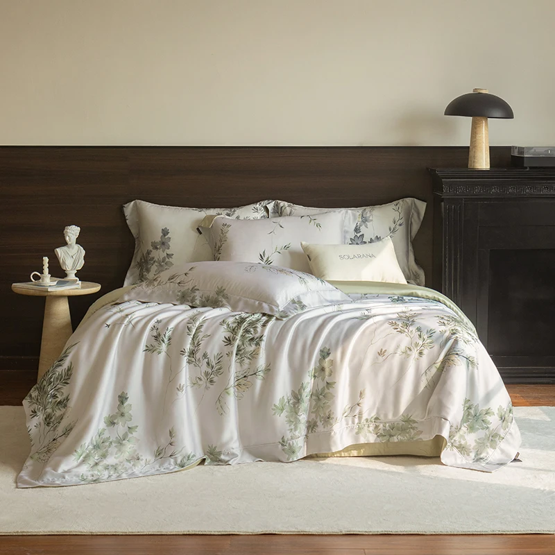 High Count Lyocell Silky Cooling Bedding Set Green Leaf Print Duvet Cover Set Bed Sheet/Fitted Sheet Pillowcases King Queen Size