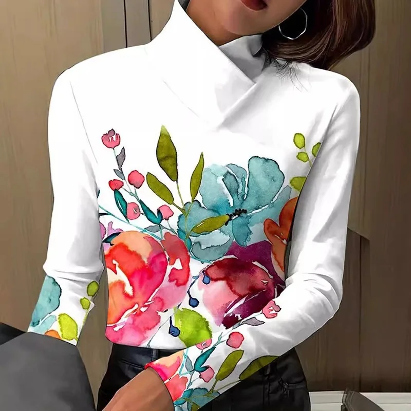 Spring Elegant Pattern Printed Tops Women's Fashion High Neck Bottom Blouse Autumn Casual Long Sleeve Commuter Shirt Streetwear