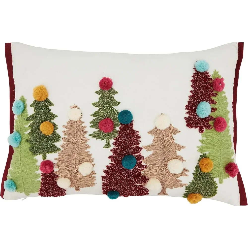 

Festive Forest Pom Pom Christmas Trees Down Filled Throw Pillow - Multi, 14"x20" Design