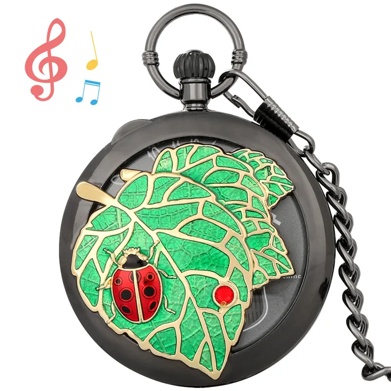 

Retro Play Music Quartz Pocket Watch with Beetle Leaf Pattern Castle in the Sky Melody Elegant Vintage Timepiece with FOB Chain