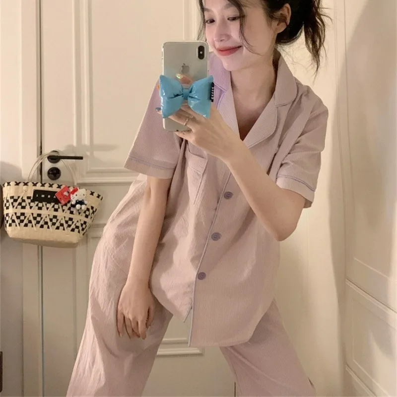 Pocket Women Pajamas Sets for Home Summer Ruffles Sleepwear Shorts Sleeve 2 Pieces Night Wears Button Korean Home Suit 2024 New