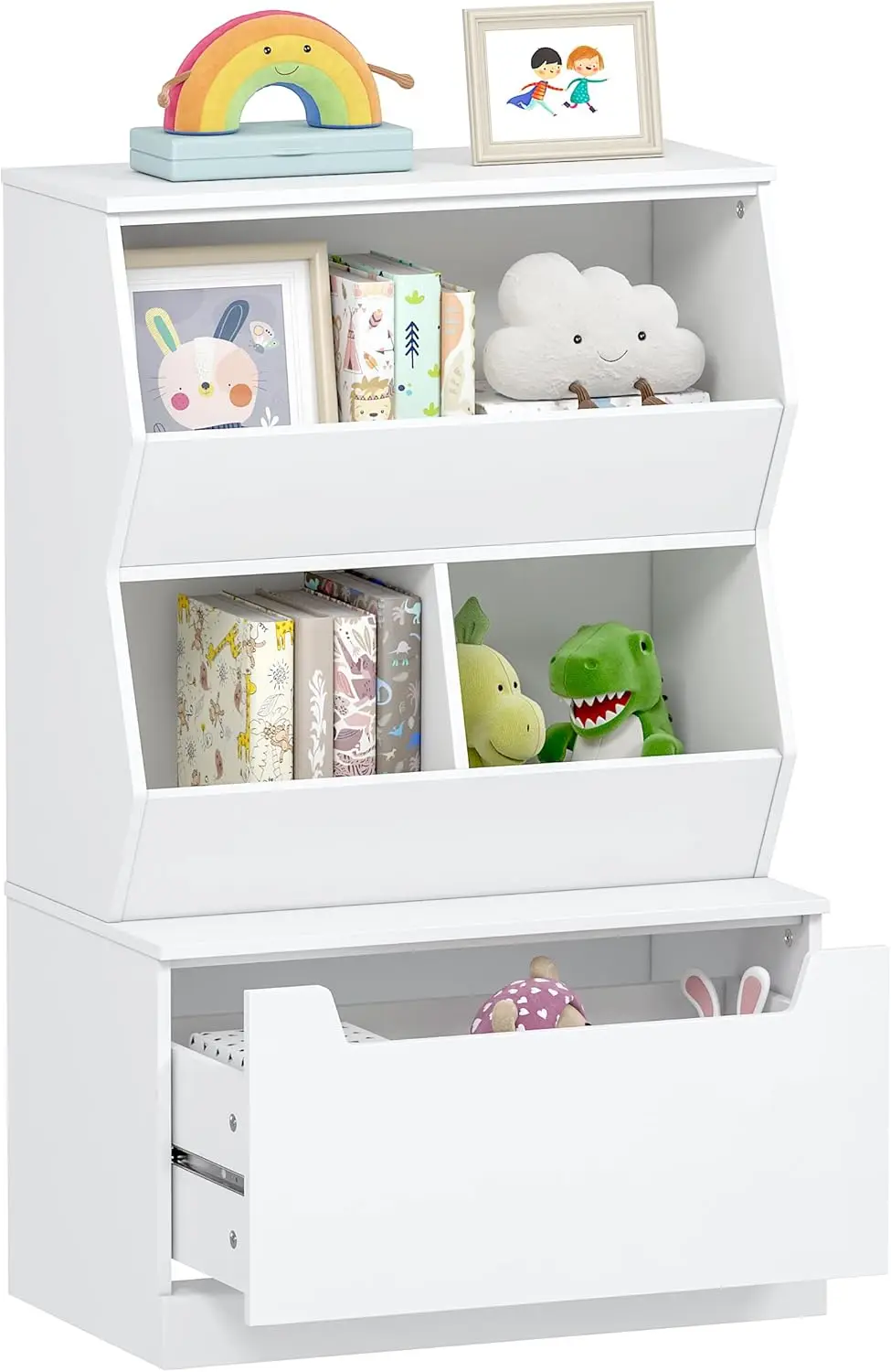 

Kids Toy Storage Organizer with Drawer, White Bookshelf for Bedroom Playroom Nursery, Open Cubby Shelf
