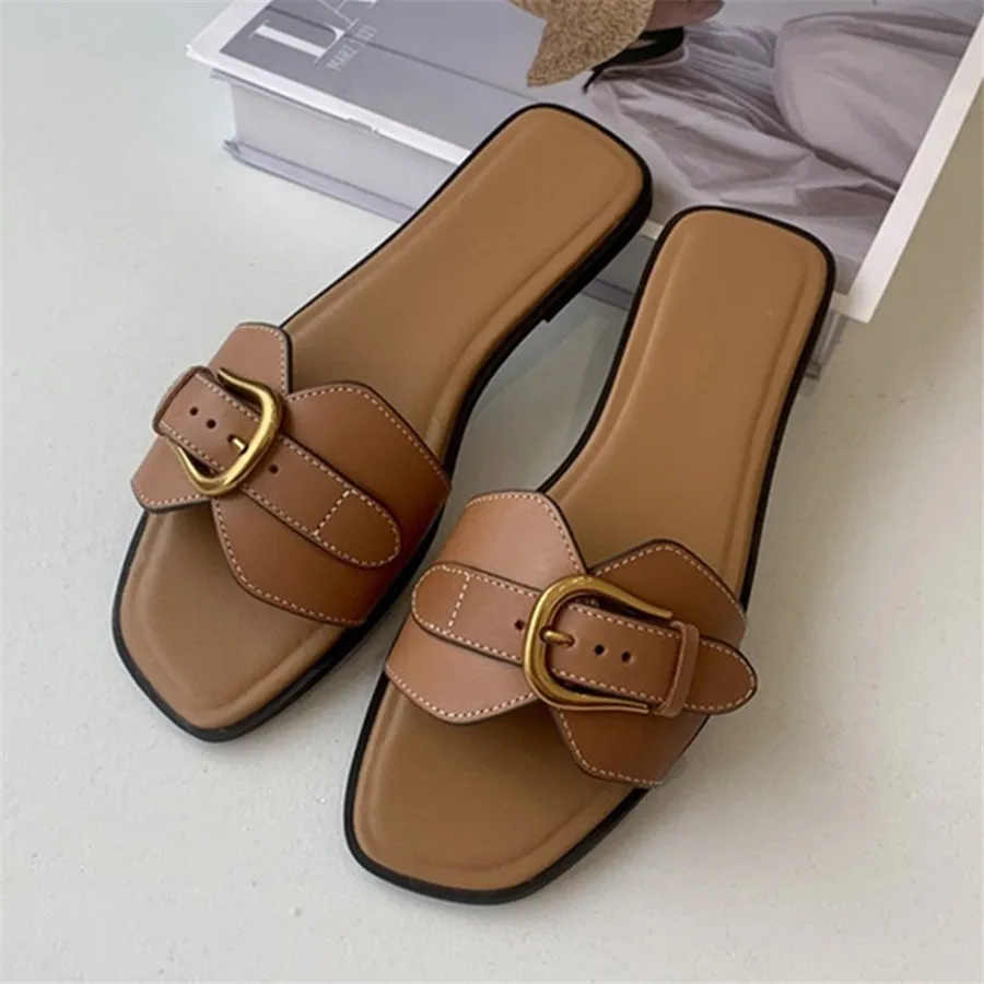 Slippers for Woman Summer Beach Flats metal belt buckle soft sole Sandals sexy square head cowhide flat Slippers Casual Shoes