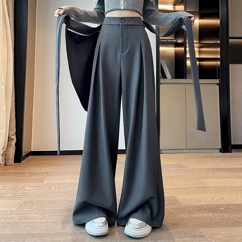 Taille haute élégant irrégulier jambe large pantalon pour les femmes 2025 nouveau automne taille haute droite décontracté ample pleine longueur pantalon