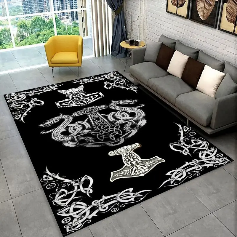 Viking Totem Nordic Rune Valhalla Vegvisir Odin Large Area Rug Non-slip Carpet for Bedroom Living Room Sofa Doormat Floor Mat