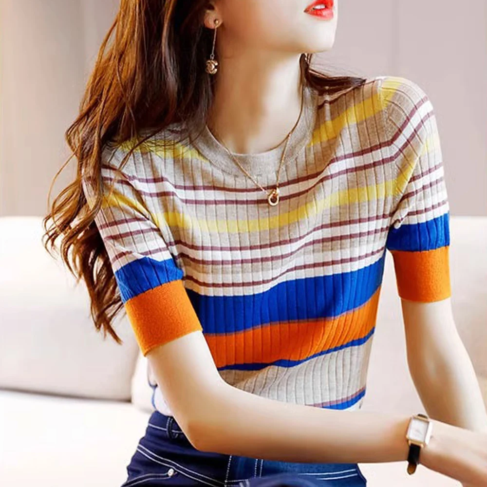 

European Station Short sleeved T-shirt Women's Summer New High Quality Fashion Striped Knitwear Slim Fit Casual Top