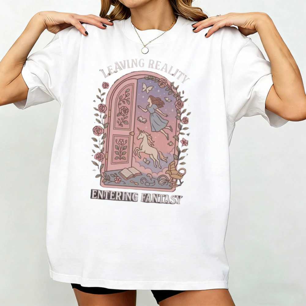 Leaving Reality Entering Fantasy T-Shirt Magical Unicorn Book Lover Tee Aesthetic Dreamer Girl Gift Whimsical Portal Clothes