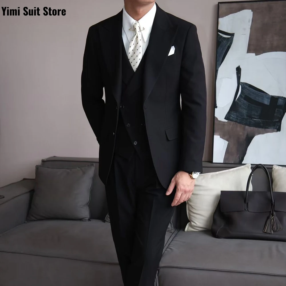 블랙 고품질 남성 정장 세트 3피스 원버스트 비즈니스 연회 사회자 사무실 남성 정장 신랑 예복 웨딩 정장 세트