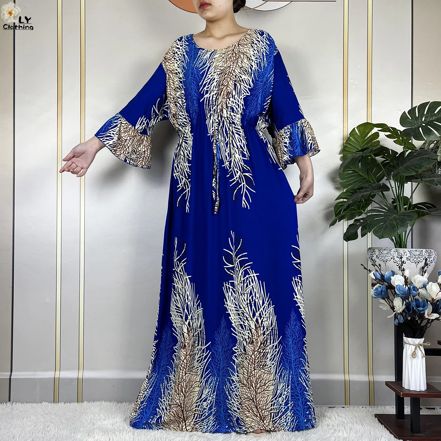 2024 New Dubai Fashion Print Femme Long Sleeve Loose Cotton African Dashiki Elegant Women Abaya Islam Maxi Summer Casual Dresses