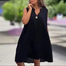 Women's Cotton And Linen Vest Backless Solid Color Mini Dress Multi-color