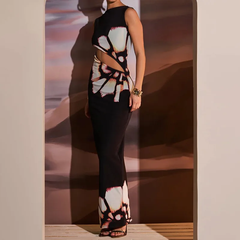 Moda americana quente menina verão novo estilo retro impressão sem mangas recorte vestido de bloqueio de cor