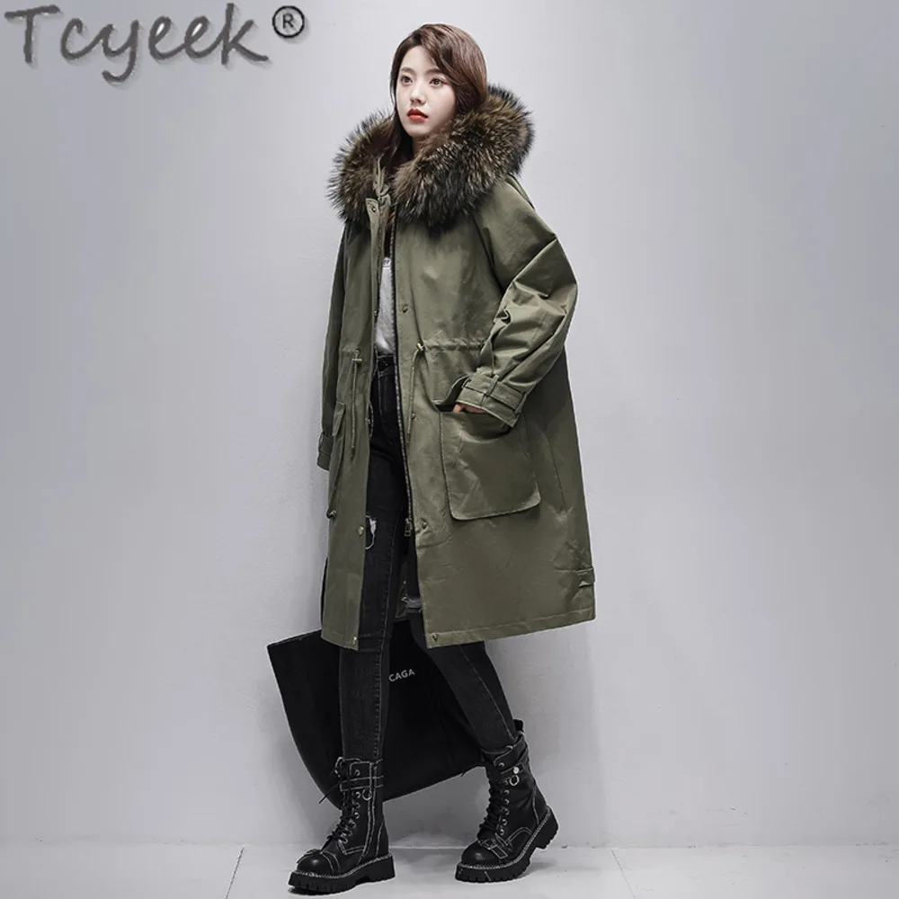 

Women's Tcyeek Parka 2024 Winter Rex Rabbit Liner Coat Warm Raccoon Collar Korean Fashion Fur Jacket Women Clothes Loose