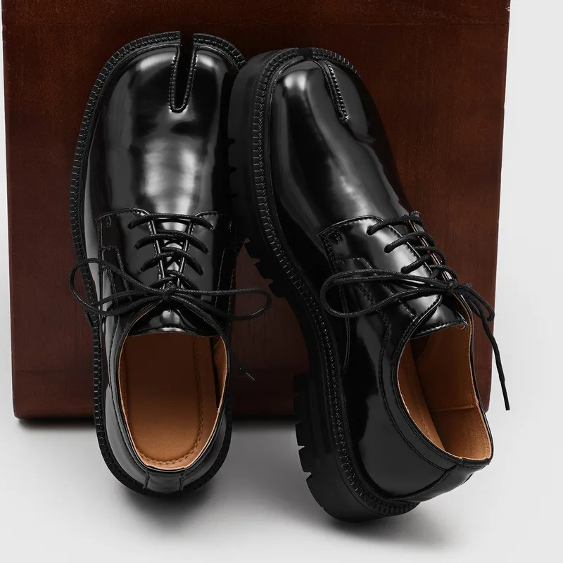 Luxury Brand Split Toe Derby Shoes Men Leather Casual Lace Up Thick Soled British Style Platform Dress Shoes Womem Size 38-46