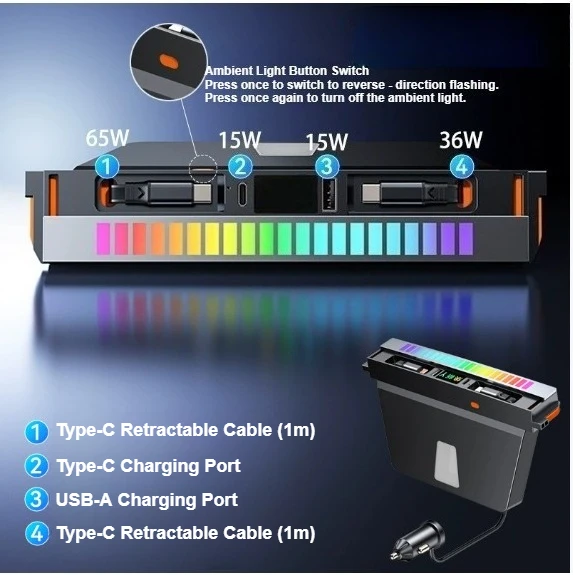 

For Tesla Model Y Juniper Model 3 Highland 2025 USB Hub Multi Ports RGB Light Docking Station Retractable Cable Charger