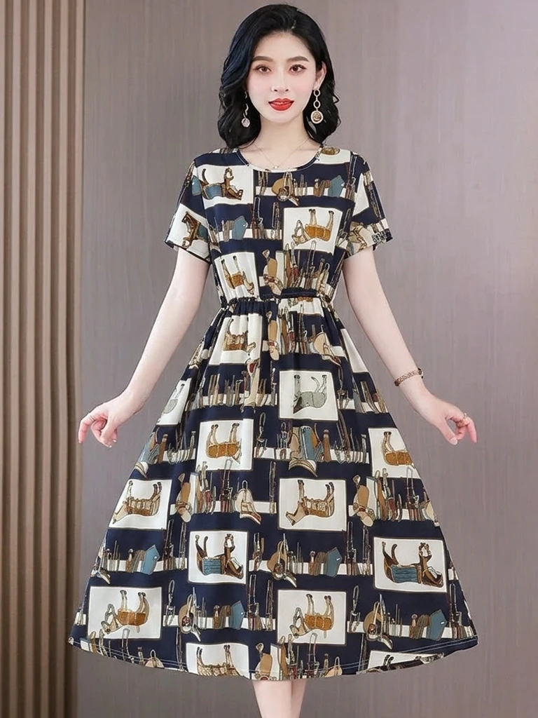 

Elegant Floral Print Midi Dress Short Sleeve Women's Fashion plus Size Mommy Clothes High Waist Slim Fit Casual round Neck