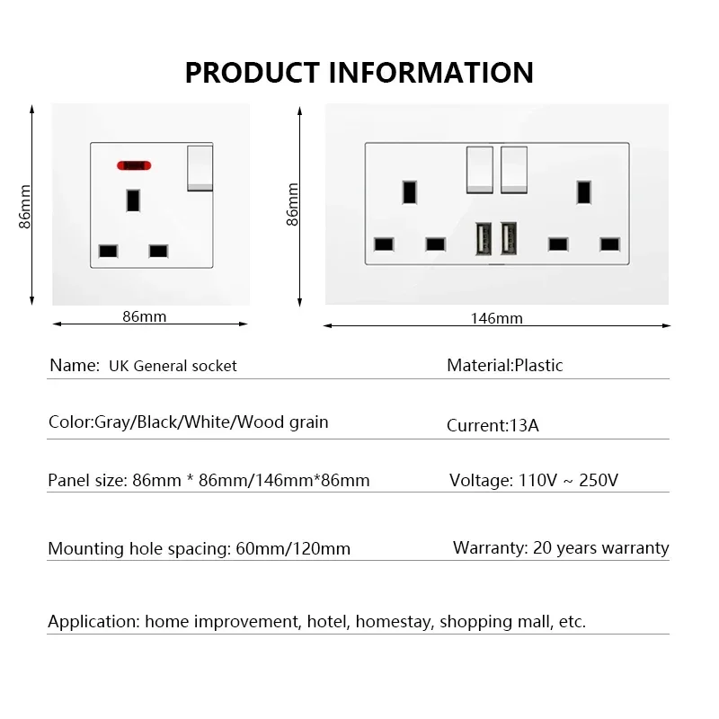 UK 13A Wall Socket with USB Type C 18W Quick Charge Power Outlet,Universal Electrical  Wall Light Switch Dual 3-pin Socket 220V