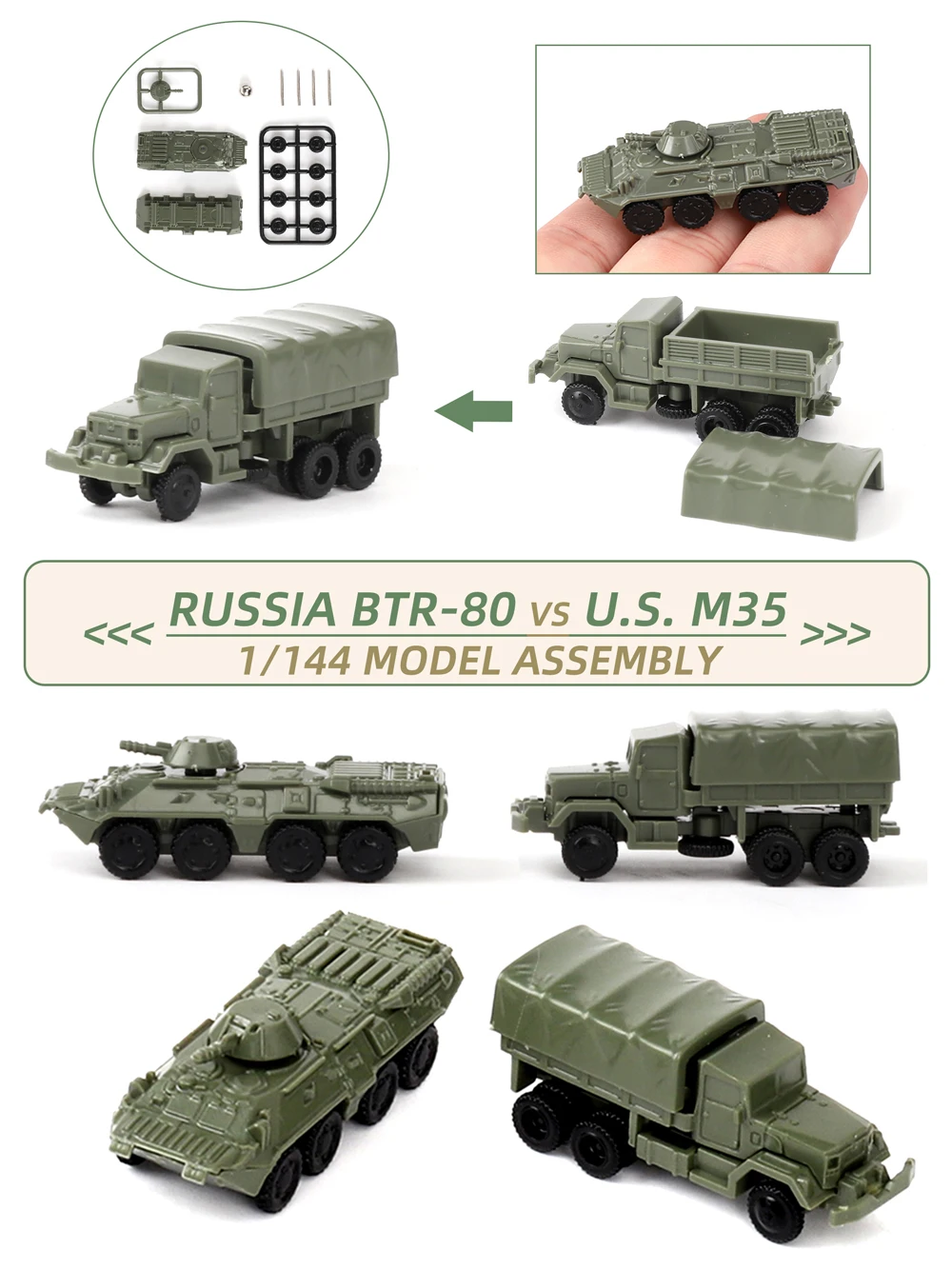 

ViiKONDO 1/144 Scale Toy Vehicle Model Kit Russia BTR-80 Armored Vechicle US M35 Military Truck Army Assembly Tabletop Wargame