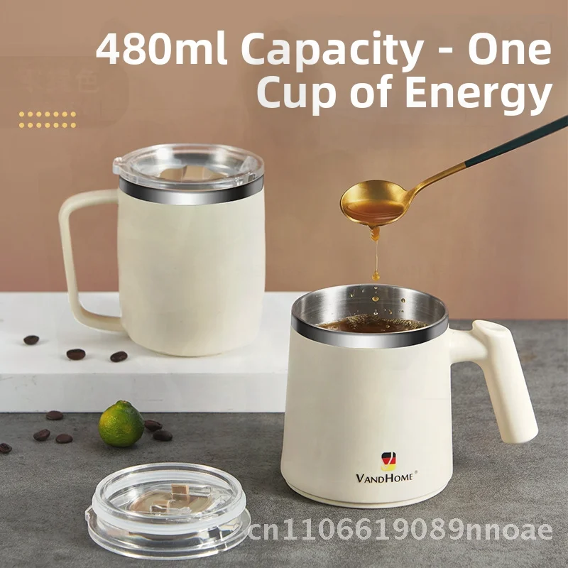 

304 Stainless Steel Double-Layer Mug with Lid - Heat Insulated Anti-Scalding Water Cup Creative Coffee Thermos Off-White 480ml