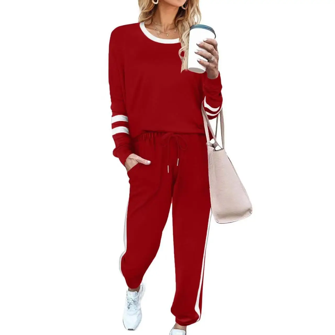

Autumn Tracksuits Women'S Two Piece Set O Neck Long Sleeve Sports Sets Drawstring Casual Women Outfit 2 Piece Suit Костюм