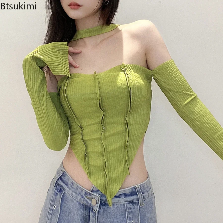 

2024 Sexy Off Shoulder Halter T Shirt For Women Spring Summer Y2K Tops Slim Fit Streetwear Stretch Wild Basic Girls Tops Shirts