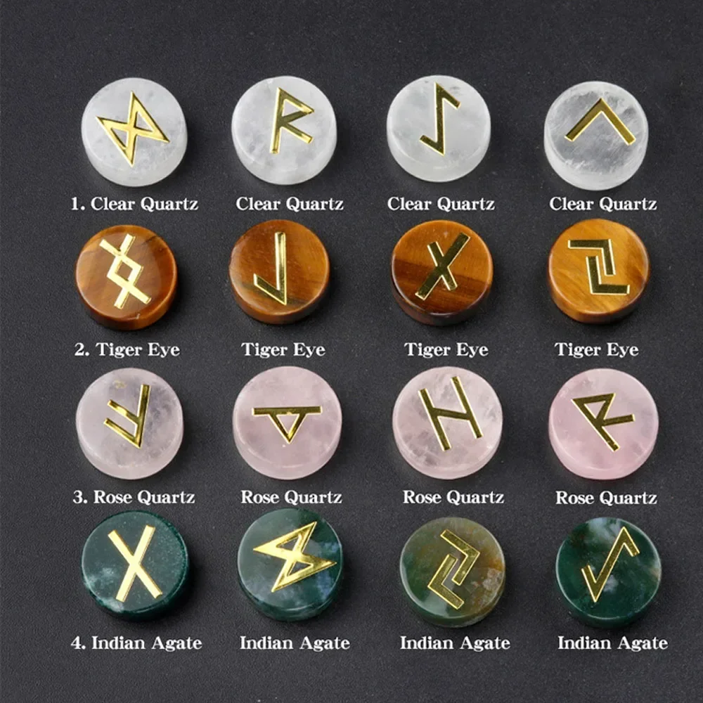 25pcs Natural Crystal Runes Round Stone Set Runic Alphabets Letters Symbol Healing Reiki Gem for Divination Meditation Balancing