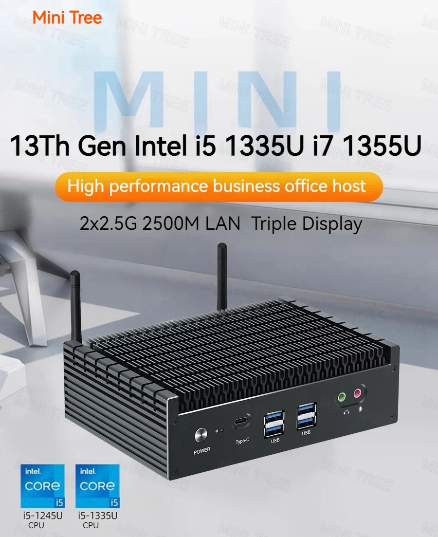 Yohirs 13th Gen Fanless Mini Pc Case Core i5 1335U 1355U Iris Xe Grafica 12M Cache Windows11 HDMI2.0 AX210 WIFI6 Computer da gioco