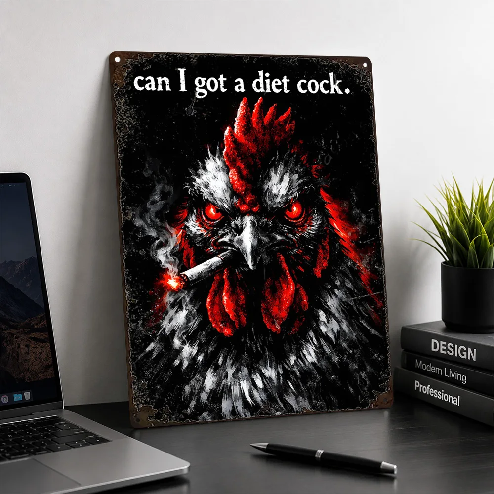 Angry Rooster With Cigarette Aluminum Poster Illustrated Wall Art For Living Room Personalized Metal Sign Animal Lover Gift Idea