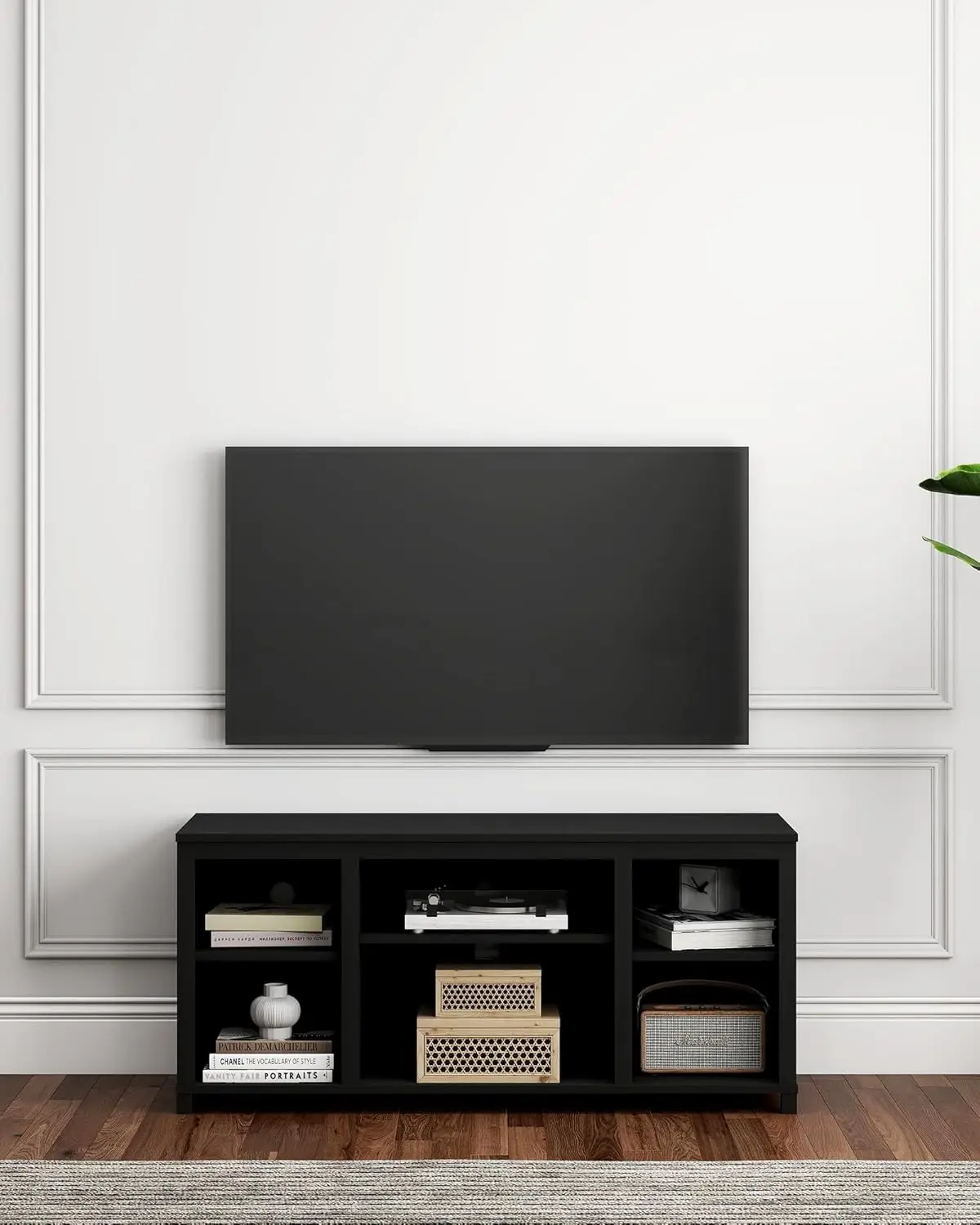 Soporte de TV negro con estantes, centro de entretenimiento con 6 cubos de almacenamiento abiertos, mesa consola para TV para sala de estar y dormitorio, 5