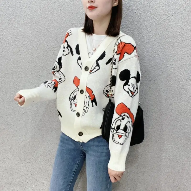 Cardigan tricoté Disney Mickey pour femmes, mode coréenne, chandails Kawaii, manteau pour femmes, automne et hiver, hauts amples et épais