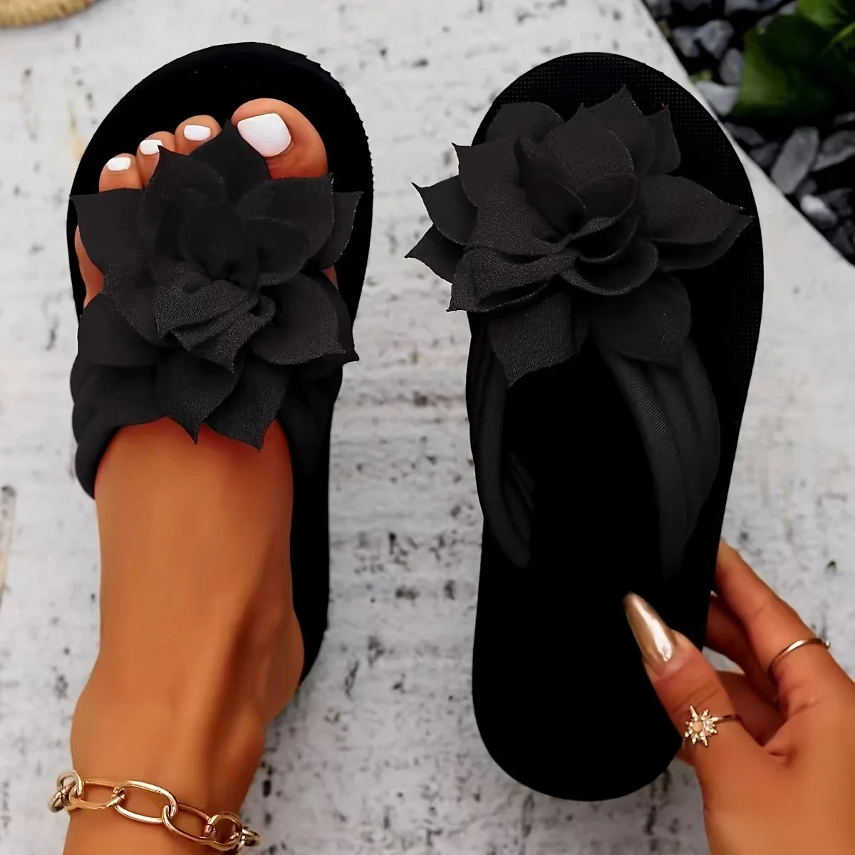 Women's Floral Flip Flops with Mid Heel Wide Fit Slip on Sandals Fabric Upper and EVA Sole All Season Vacation Slides