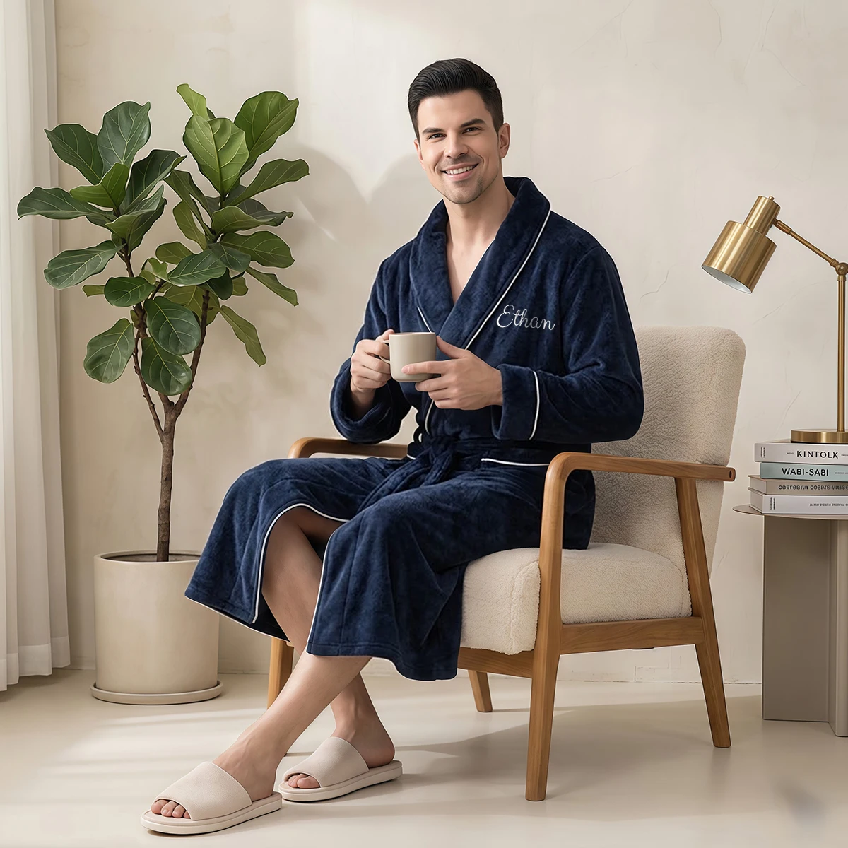 Personalized His & Hers Plush Bathrobes, Custom Embroidered Matching Couple Robes in Navy Blue