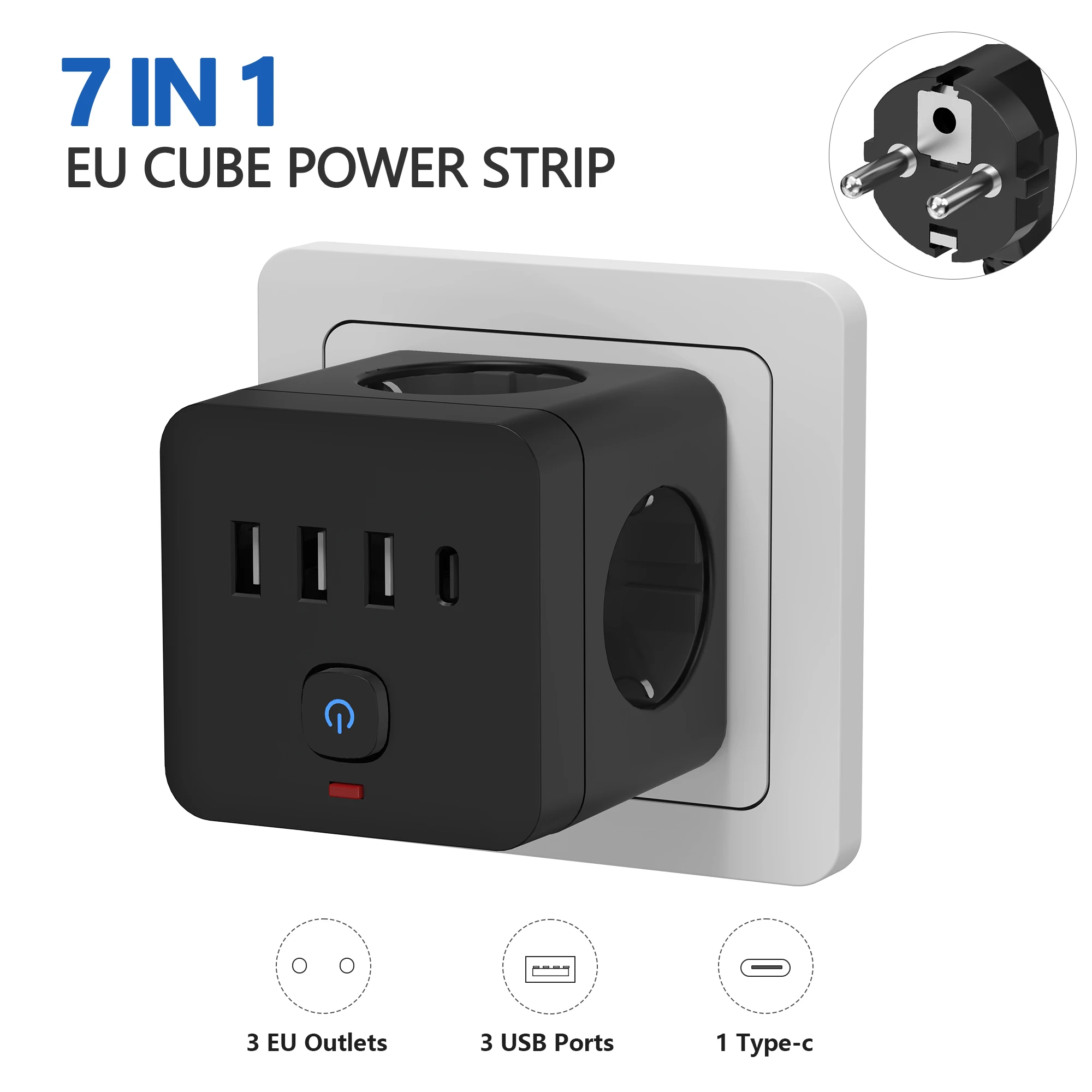 7-in-1 EU Power Strip, Power Strip Surge Protector, 3 AC Outlets 3 USB 1 Type-C, Desktop Charging Station With Overload Protecti